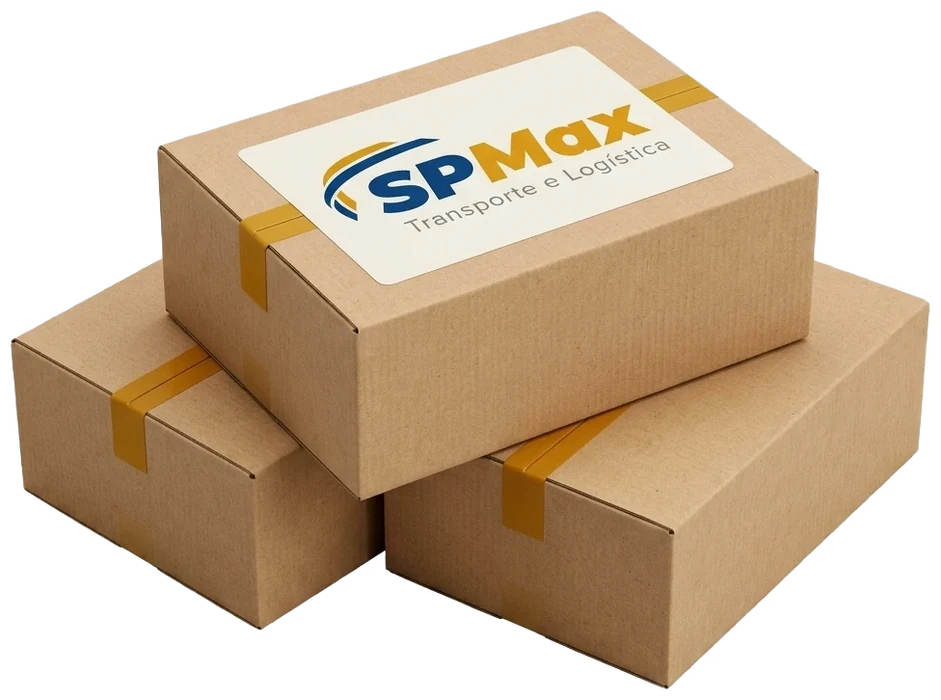 Três caixas de papelão empilhadas, com etiqueta SPMax na de cima