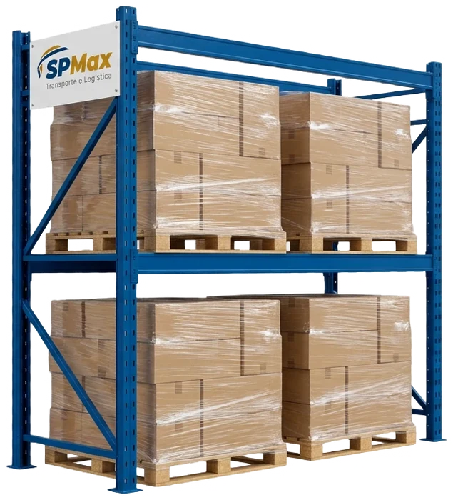 Porta-pallet azul com placa SPMax e pallets embalados em dois níveis