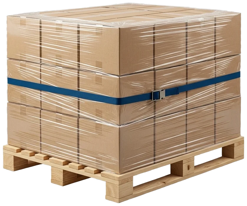 Pallet de madeira com caixas embaladas em filme stretch e cinta azul